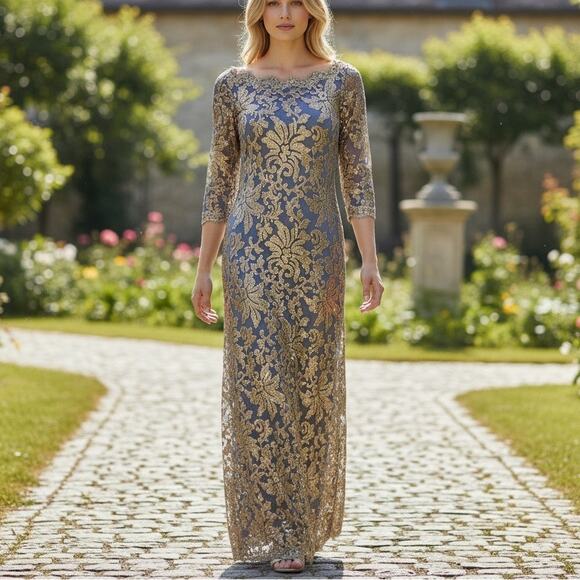 Tadashi Shoji Dresses & Skirts - Tadashi Shoji Navy Gold Sequin Maxi Dress Sz6 Metallic Lace Overlay Formal Gown